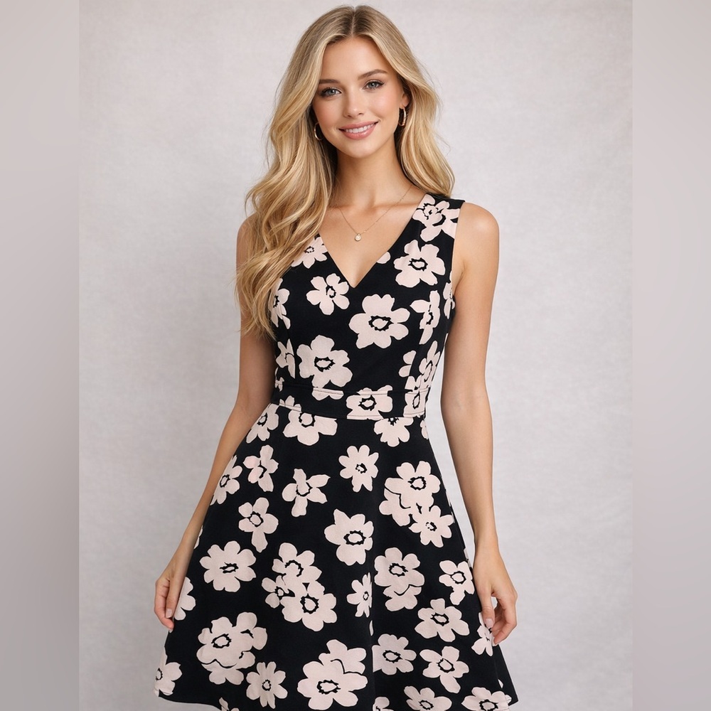 Nine West Floral Sleeveless Skater Dress in Black and Pale Pink